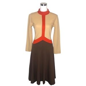 VINTAGE 60s 70s Orange Brown Colorblock Long Sleeve Mod Midi Dress Small Mad Men